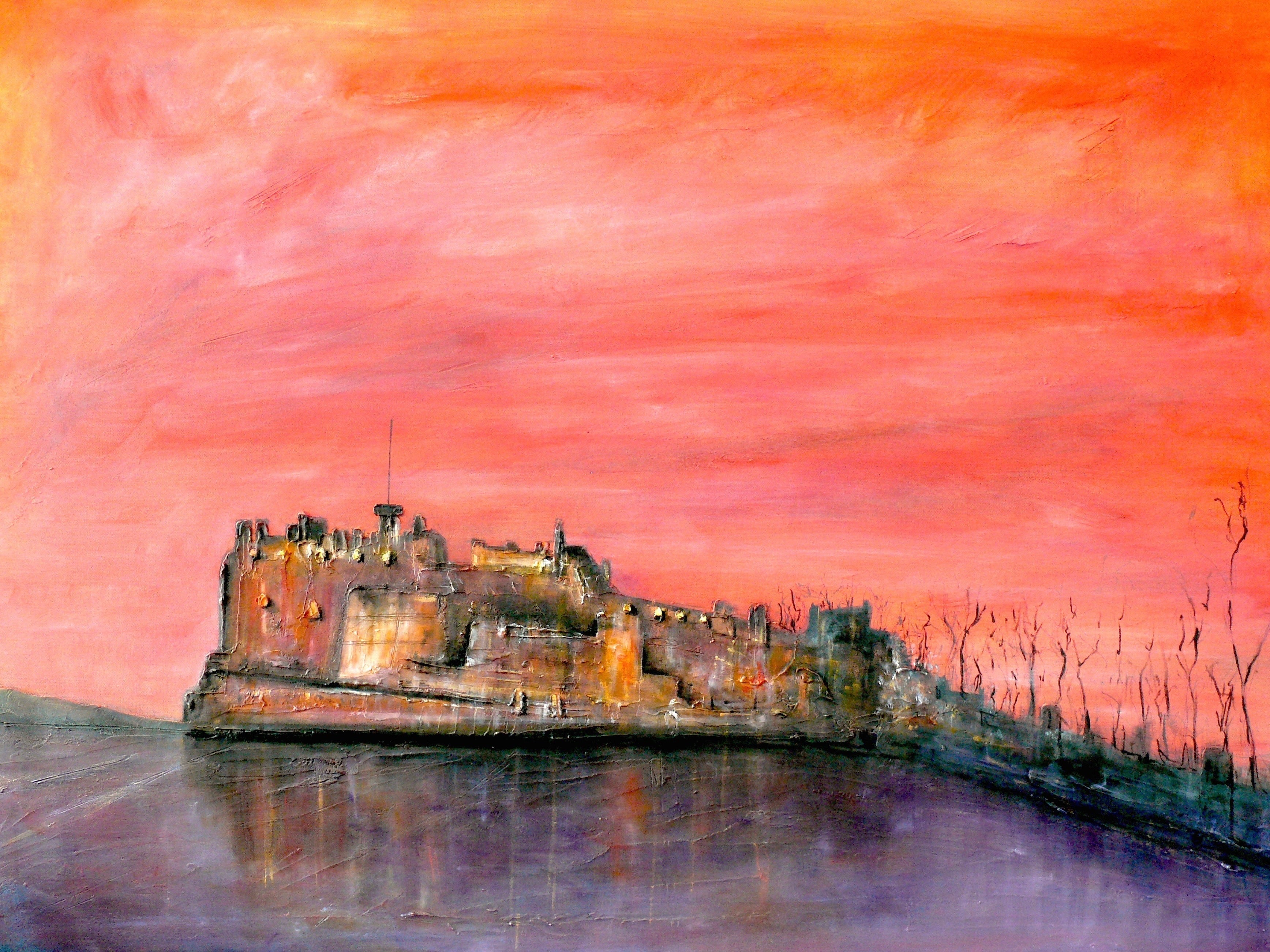 Painted Edinburgh Castle at dusk under a fiery sky for dusk art prints and castle dusk art prints