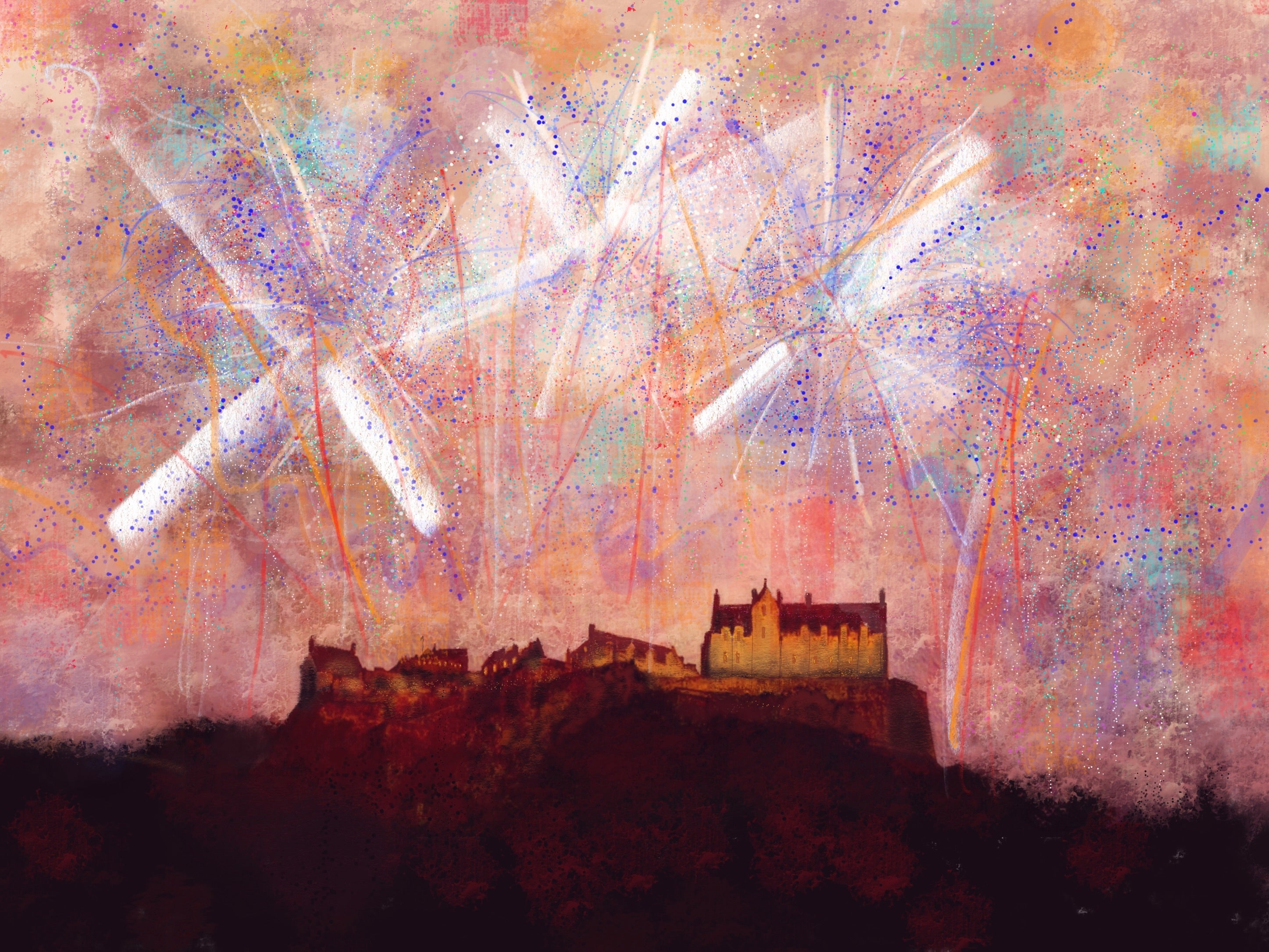 Edinburgh Castle fireworks fireworks ii art print showcasing Edinburgh Castle fireworks scene