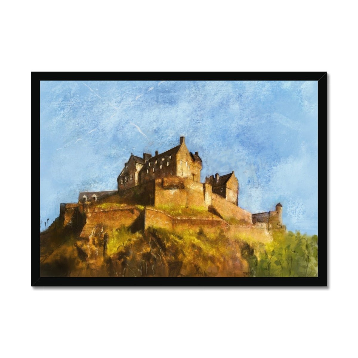 Edinburgh Castle Painting | Framed Prints From Scotland-Framed Prints-Historic & Iconic Scotland Art Gallery-A2 Landscape-Black Frame-Paintings, Prints, Homeware, Art Gifts From Scotland By Scottish Artist Kevin Hunter