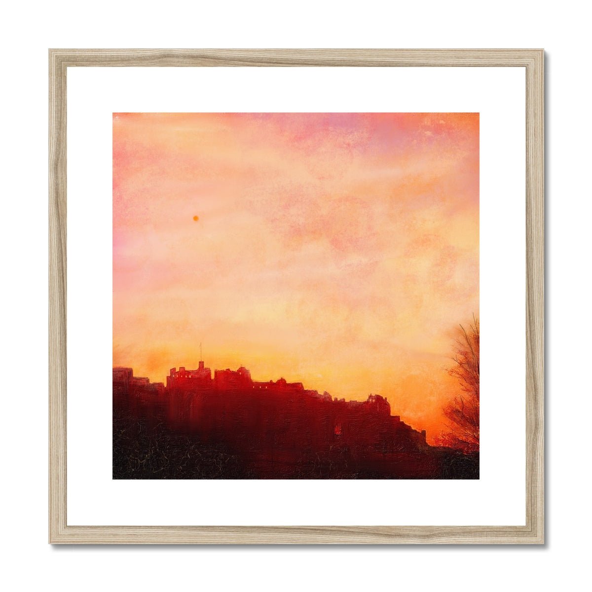 Edinburgh Castle Sunset Painting | Framed & Mounted Prints From Scotland-Framed & Mounted Prints-Historic & Iconic Scotland Art Gallery-20"x20"-Natural Frame-Paintings, Prints, Homeware, Art Gifts From Scotland By Scottish Artist Kevin Hunter