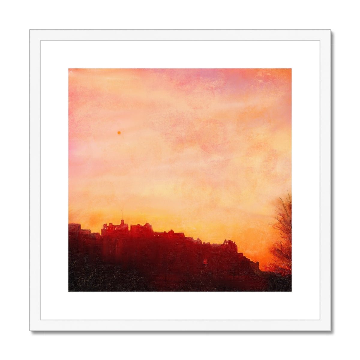 Edinburgh Castle Sunset Painting | Framed & Mounted Prints From Scotland-Framed & Mounted Prints-Historic & Iconic Scotland Art Gallery-20"x20"-White Frame-Paintings, Prints, Homeware, Art Gifts From Scotland By Scottish Artist Kevin Hunter