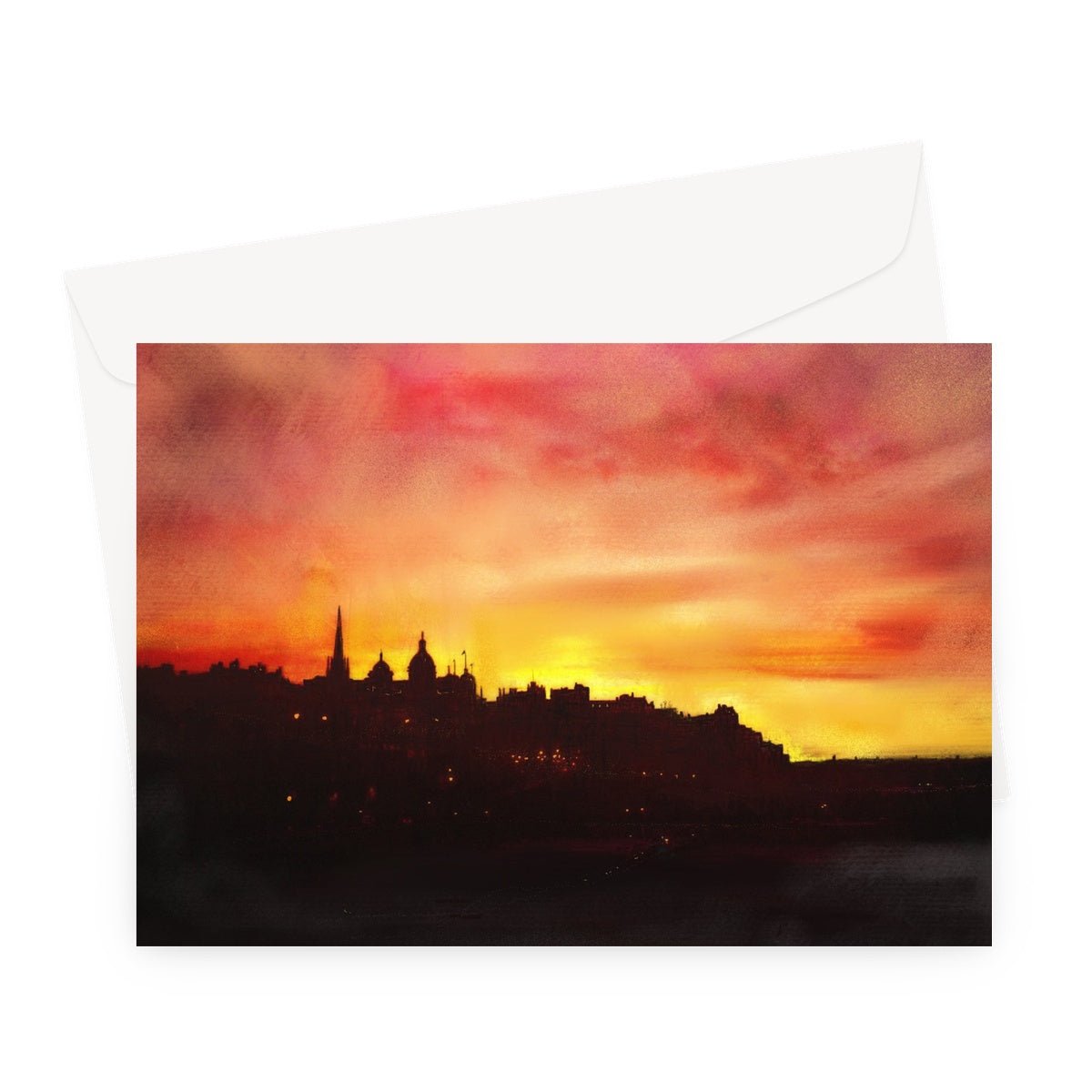 Edinburgh Sunset Art Gifts Greeting Card-Greetings Cards-Edinburgh & Glasgow Art Gallery-A5 Landscape-1 Card-Paintings, Prints, Homeware, Art Gifts From Scotland By Scottish Artist Kevin Hunter