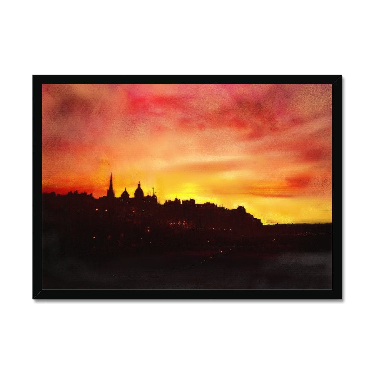 Edinburgh Sunset Painting | Framed Prints From Scotland-Framed Prints-Edinburgh & Glasgow Art Gallery-A2 Landscape-Black Frame-Paintings, Prints, Homeware, Art Gifts From Scotland By Scottish Artist Kevin Hunter
