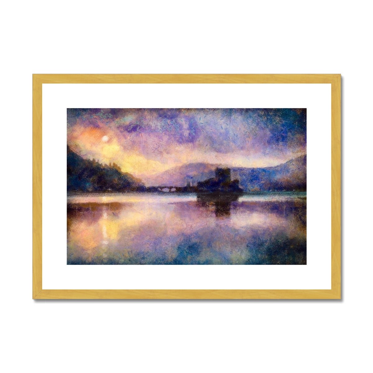 Eilean Donan Castle Moonlight Painting | Antique Framed & Mounted Prints From Scotland-Antique Framed & Mounted Prints-Historic & Iconic Scotland Art Gallery-A2 Landscape-Gold Frame-Paintings, Prints, Homeware, Art Gifts From Scotland By Scottish Artist Kevin Hunter
