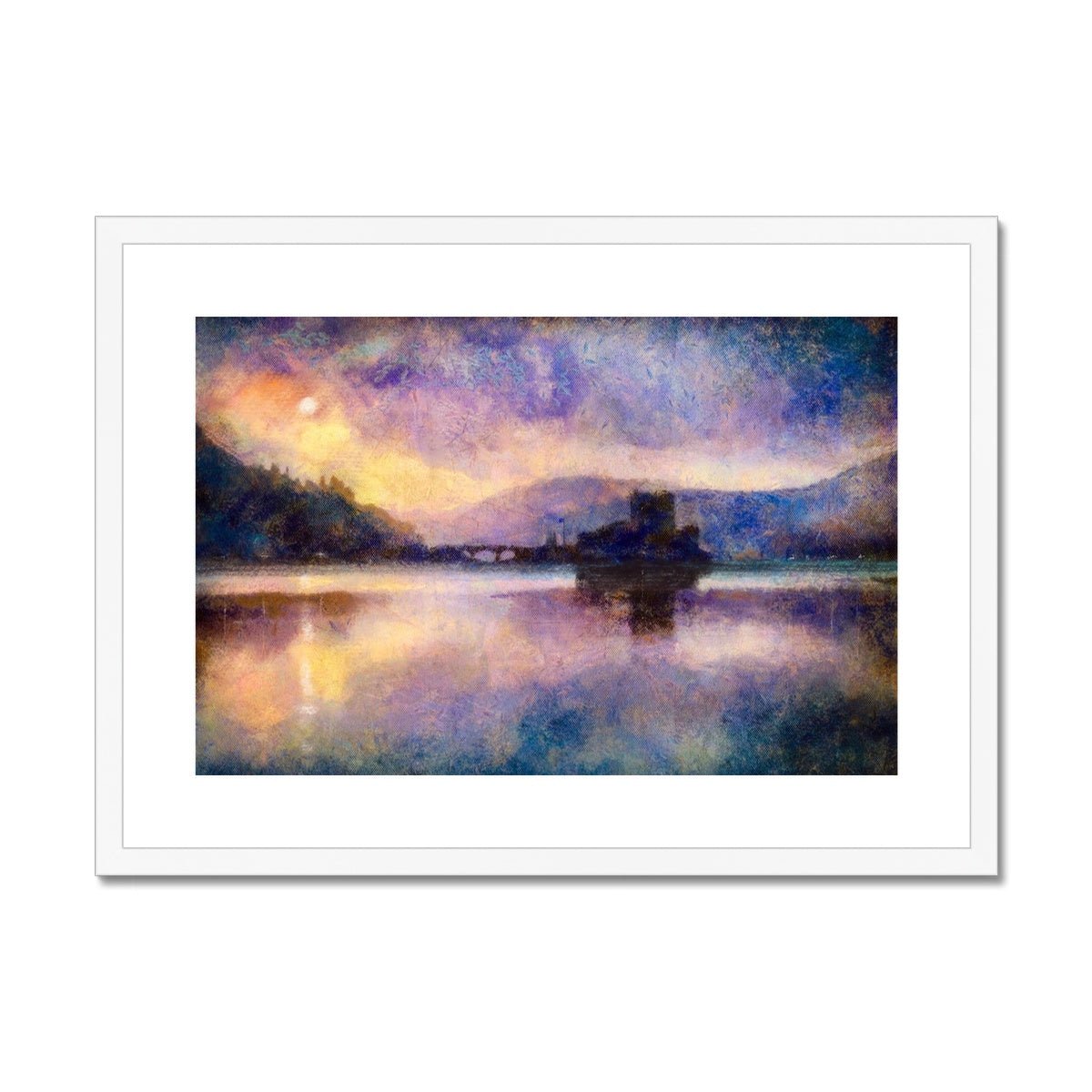 Eilean Donan Castle Moonlight Painting | Framed & Mounted Prints From Scotland-Framed & Mounted Prints-Historic & Iconic Scotland Art Gallery-A2 Landscape-White Frame-Paintings, Prints, Homeware, Art Gifts From Scotland By Scottish Artist Kevin Hunter