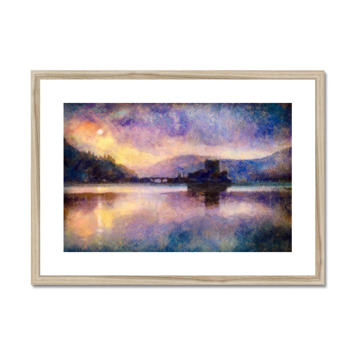 Eilean Donan Castle Moonlight Painting | Framed & Mounted Prints From Scotland-Framed & Mounted Prints-Historic & Iconic Scotland Art Gallery-A2 Landscape-Natural Frame-Paintings, Prints, Homeware, Art Gifts From Scotland By Scottish Artist Kevin Hunter