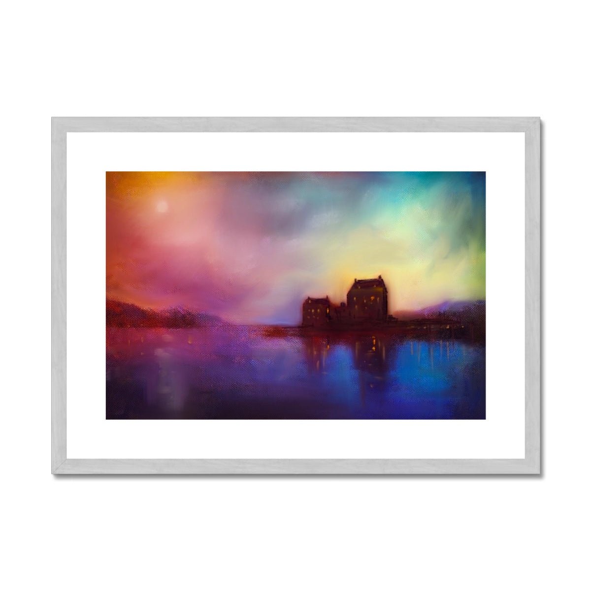 Eilean Donan Castle Sunset Painting | Antique Framed & Mounted Prints From Scotland-Antique Framed & Mounted Prints-Historic & Iconic Scotland Art Gallery-A2 Landscape-Silver Frame-Paintings, Prints, Homeware, Art Gifts From Scotland By Scottish Artist Kevin Hunter