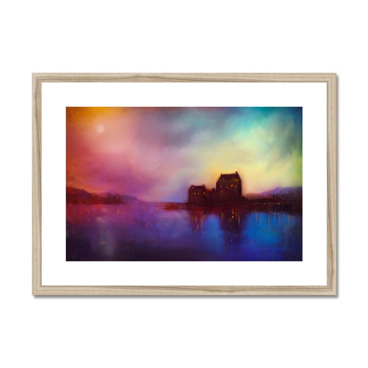 Eilean Donan Castle Sunset Painting | Framed & Mounted Prints From Scotland-Framed & Mounted Prints-Historic & Iconic Scotland Art Gallery-A2 Landscape-Natural Frame-Paintings, Prints, Homeware, Art Gifts From Scotland By Scottish Artist Kevin Hunter