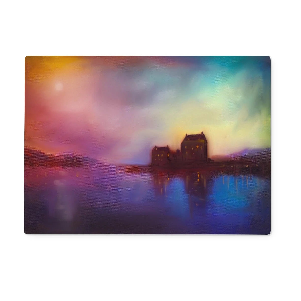 Eilean Donan Castle Sunset Glass Chopping Board - Historic & Iconic Art Gallery Scotland Worldwide Shipping Vibrant Impressionistic