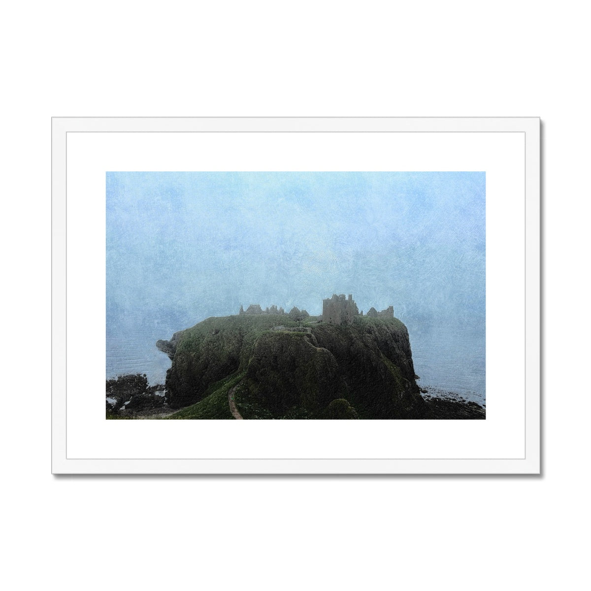 Dunnottar Castle Mist Painting | Framed & Mounted Prints From Scotland-Framed & Mounted Prints-Historic & Iconic Scotland Art Gallery-A2 Landscape-White Frame-Paintings, Prints, Homeware, Art Gifts From Scotland By Scottish Artist Kevin Hunter