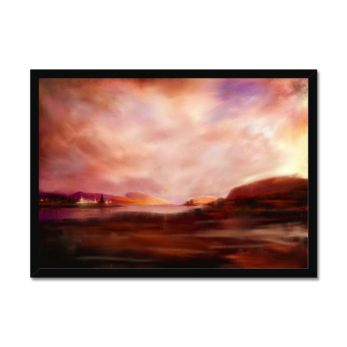 Plockton Sunset Painting | Framed Prints From Scotland-Framed Prints-Scottish Highlands & Lowlands Art Gallery-A2 Landscape-Black Frame-Paintings, Prints, Homeware, Art Gifts From Scotland By Scottish Artist Kevin Hunter