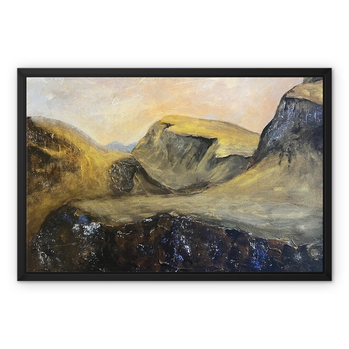 The Quiraing Skye Painting | Framed Canvas From Scotland-Floating Framed Canvas Prints-Skye Art Gallery-24"x18"-Black Frame-Paintings, Prints, Homeware, Art Gifts From Scotland By Scottish Artist Kevin Hunter