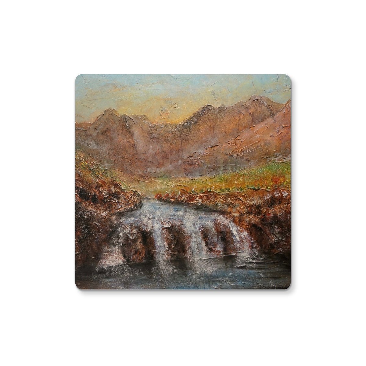 Fairy Pools Dawn Skye Art Gifts Coaster-Coasters-Skye Art Gallery-4 Coasters-Paintings, Prints, Homeware, Art Gifts From Scotland By Scottish Artist Kevin Hunter