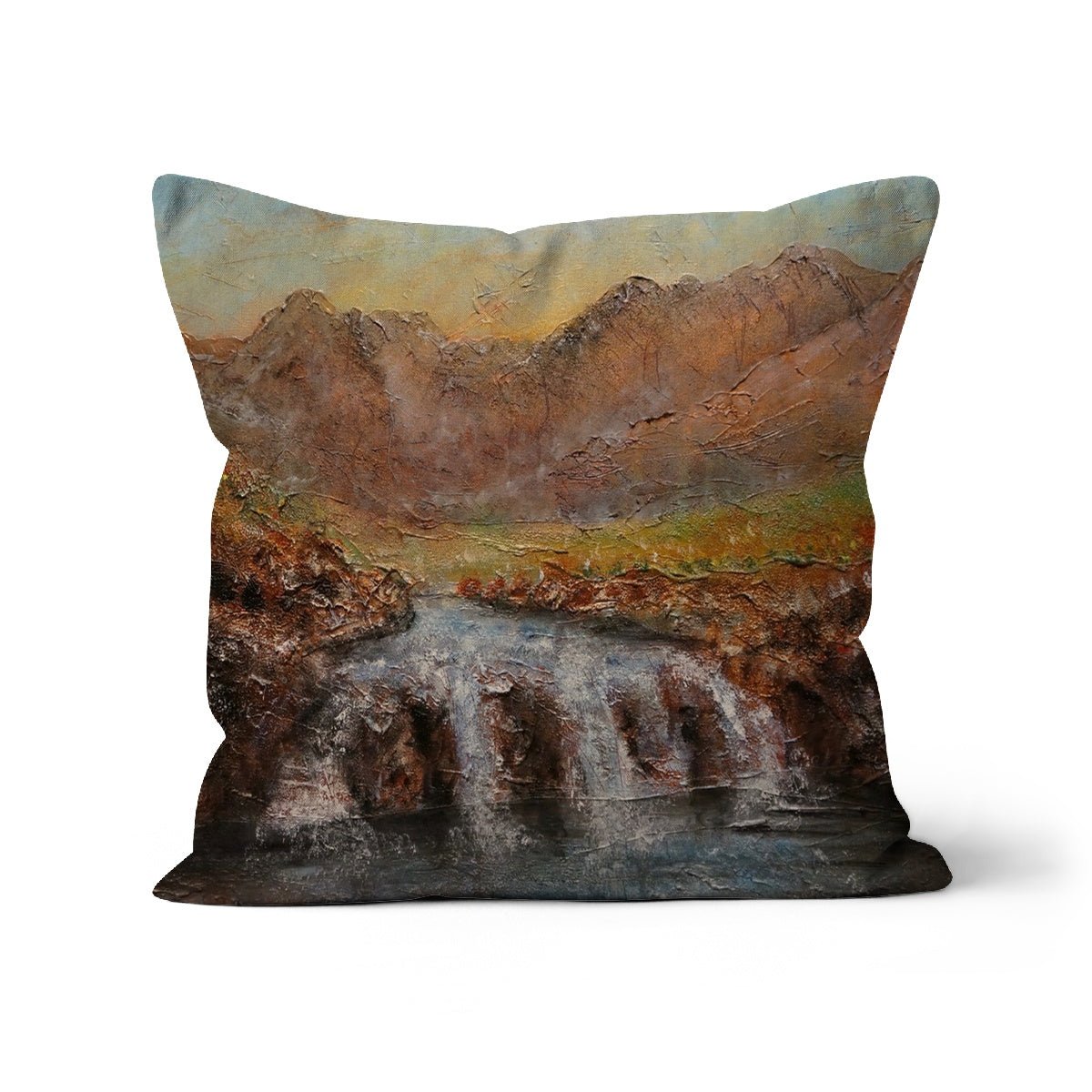 Fairy Pools Dawn Skye Art Gifts Cushion-Cushions-Skye Art Gallery-Faux Suede-18"x18"-Paintings, Prints, Homeware, Art Gifts From Scotland By Scottish Artist Kevin Hunter