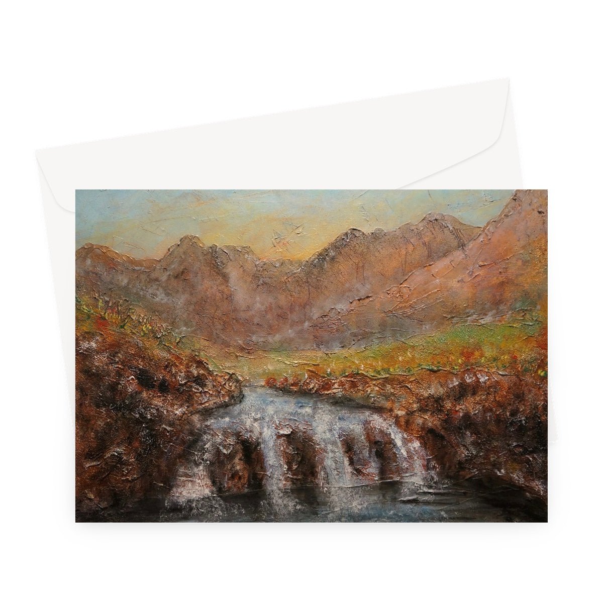 Fairy Pools Dawn Skye Art Gifts Greeting Card-Greetings Cards-Skye Art Gallery-A5 Landscape-10 Cards-Paintings, Prints, Homeware, Art Gifts From Scotland By Scottish Artist Kevin Hunter