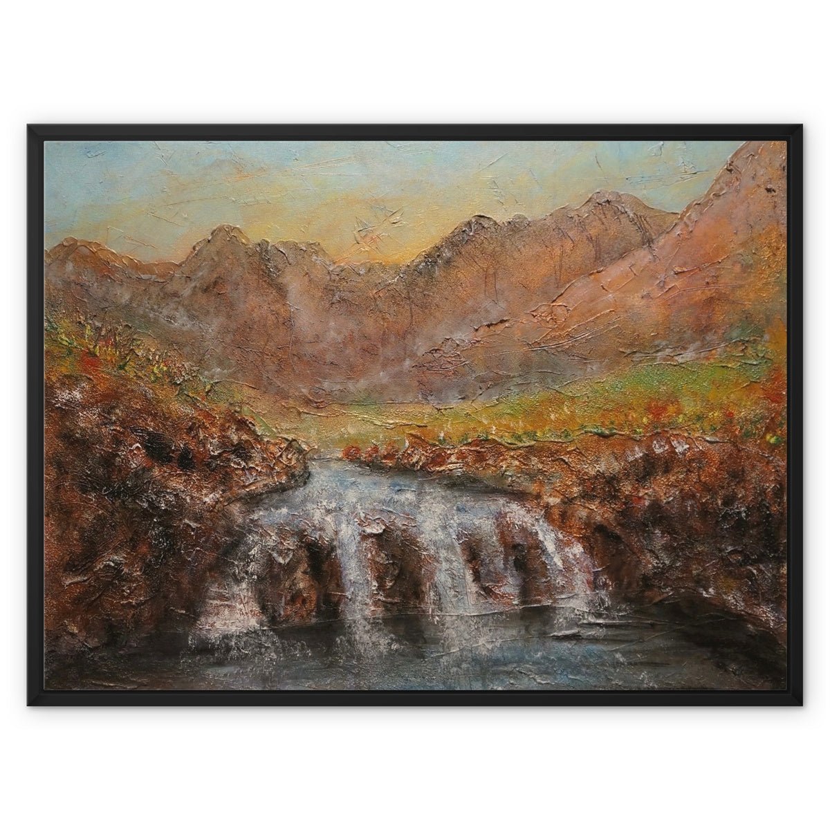 Fairy Pools Dawn Skye Painting | Framed Canvas From Scotland-Floating Framed Canvas Prints-Skye Art Gallery-32"x24"-Black Frame-Paintings, Prints, Homeware, Art Gifts From Scotland By Scottish Artist Kevin Hunter