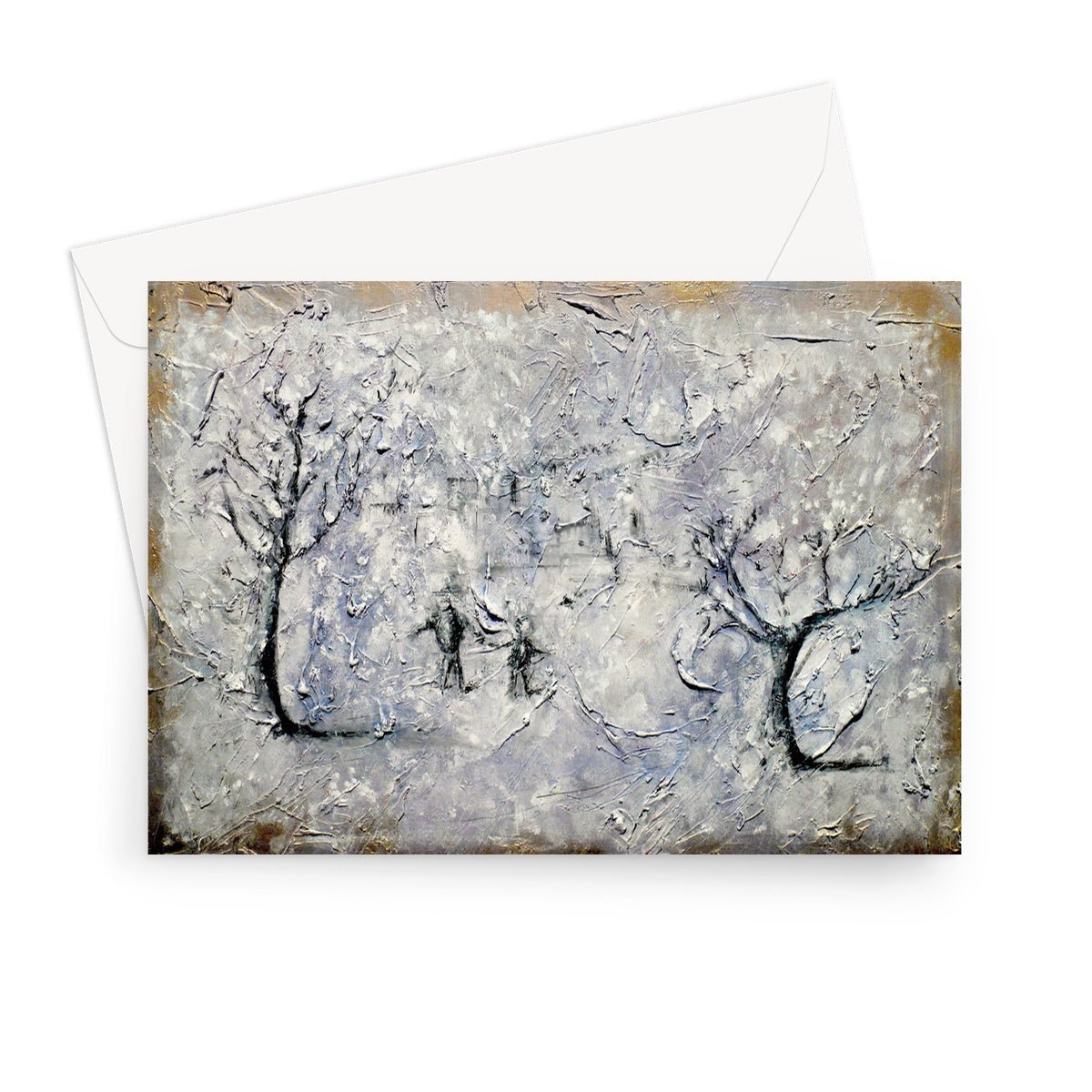 Father Daughter Snow Art Gifts Greeting Card-Greetings Cards-Abstract & Impressionistic Art Gallery-7"x5"-10 Cards-Paintings, Prints, Homeware, Art Gifts From Scotland By Scottish Artist Kevin Hunter