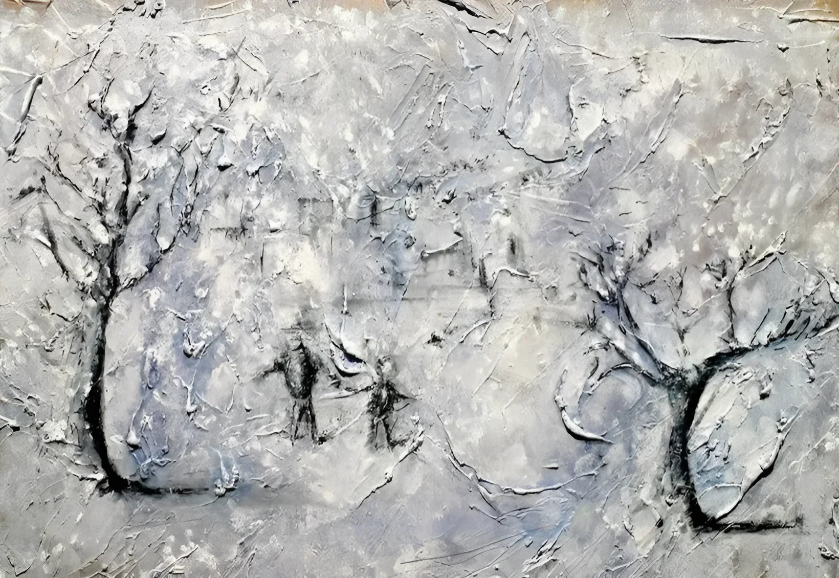 Father Daughter Snow - Abstract & Impressionistic Art Gallery Scotland Worldwide Shipping Textured Winter Landscape Kevin Hunter Portfolio