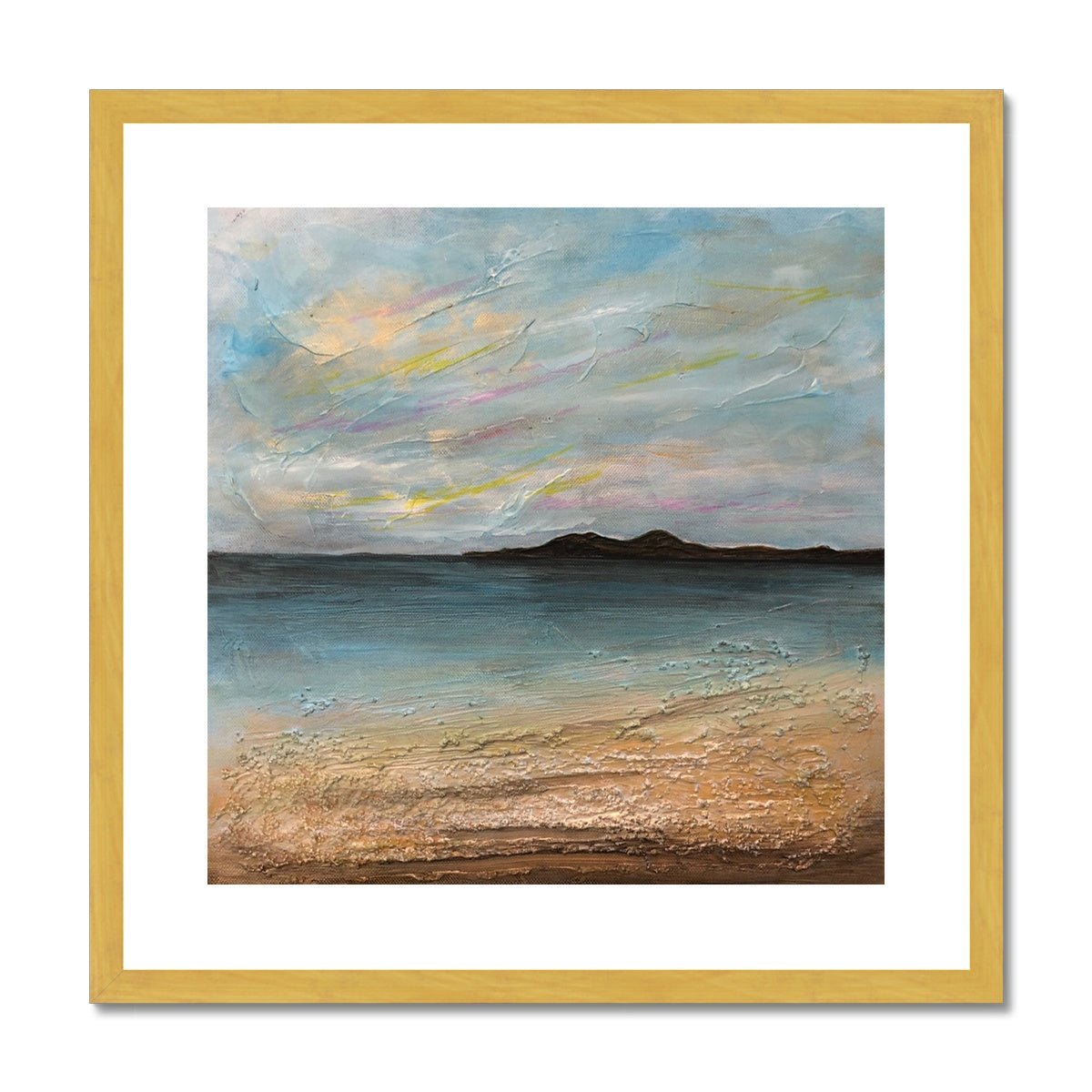 Garrynamonie Beach South Uist Painting | Antique Framed & Mounted Prints From Scotland-Antique Framed & Mounted Prints-Hebridean Islands Art Gallery-20"x20"-Gold Frame-Paintings, Prints, Homeware, Art Gifts From Scotland By Scottish Artist Kevin Hunter