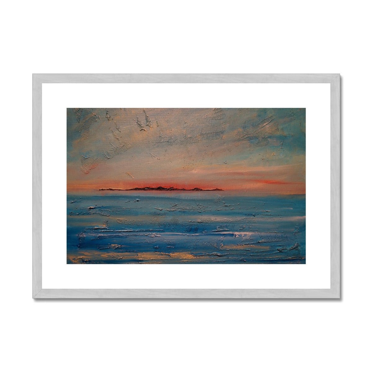 Gigha Sunset Painting | Antique Framed & Mounted Prints From Scotland-Antique Framed & Mounted Prints-Hebridean Islands Art Gallery-A2 Landscape-Silver Frame-Paintings, Prints, Homeware, Art Gifts From Scotland By Scottish Artist Kevin Hunter