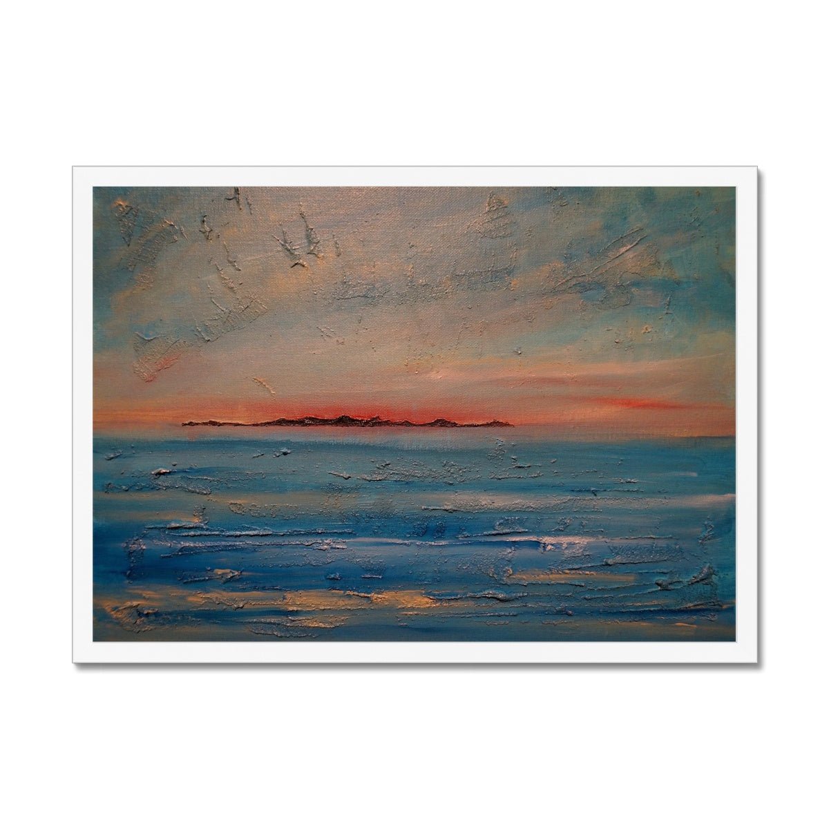 Gigha Sunset Painting | Framed Prints From Scotland-Framed Prints-Hebridean Islands Art Gallery-A2 Landscape-White Frame-Paintings, Prints, Homeware, Art Gifts From Scotland By Scottish Artist Kevin Hunter