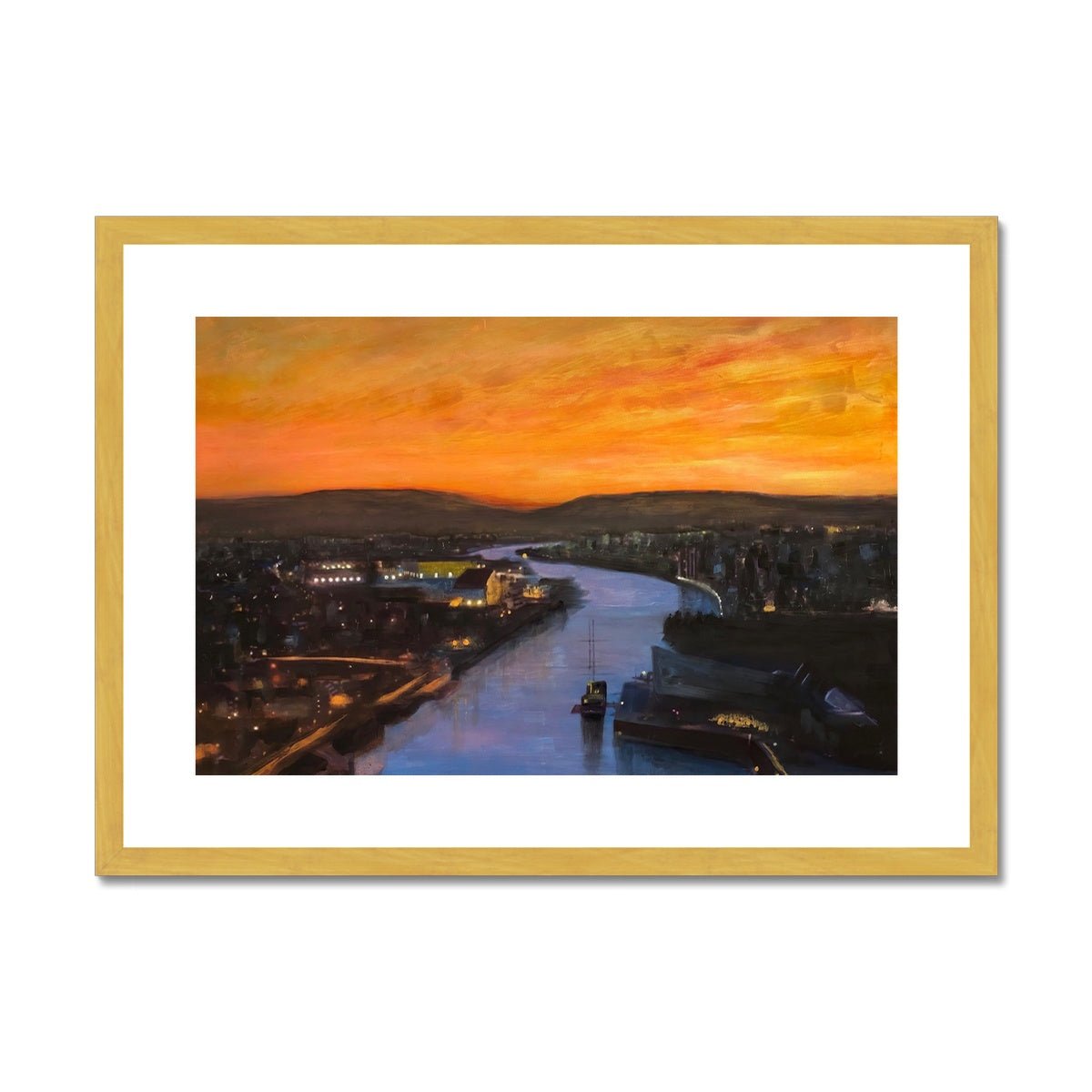 Glasgow Harbour Looking West Painting | Antique Framed & Mounted Prints From Scotland-Antique Framed & Mounted Prints-Edinburgh & Glasgow Art Gallery-A2 Landscape-Gold Frame-Paintings, Prints, Homeware, Art Gifts From Scotland By Scottish Artist Kevin Hunter