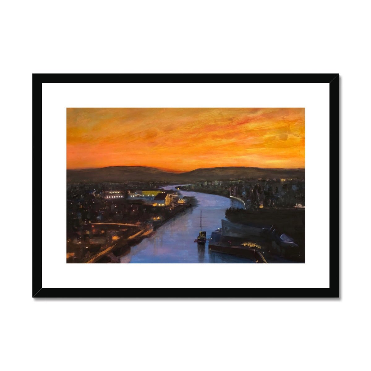 Glasgow Harbour Looking West Painting | Framed & Mounted Prints From Scotland-Framed & Mounted Prints-Edinburgh & Glasgow Art Gallery-A2 Landscape-Black Frame-Paintings, Prints, Homeware, Art Gifts From Scotland By Scottish Artist Kevin Hunter
