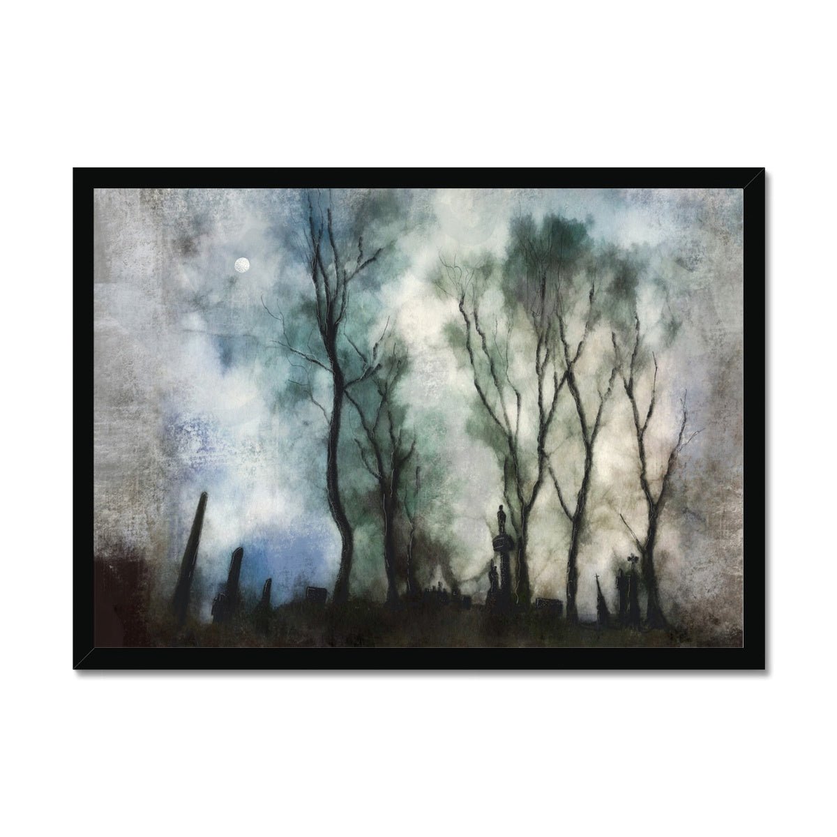 Glasgow Necropolis Moonlight Painting | Framed Prints From Scotland-Framed Prints-Edinburgh & Glasgow Art Gallery-A2 Landscape-Black Frame-Paintings, Prints, Homeware, Art Gifts From Scotland By Scottish Artist Kevin Hunter