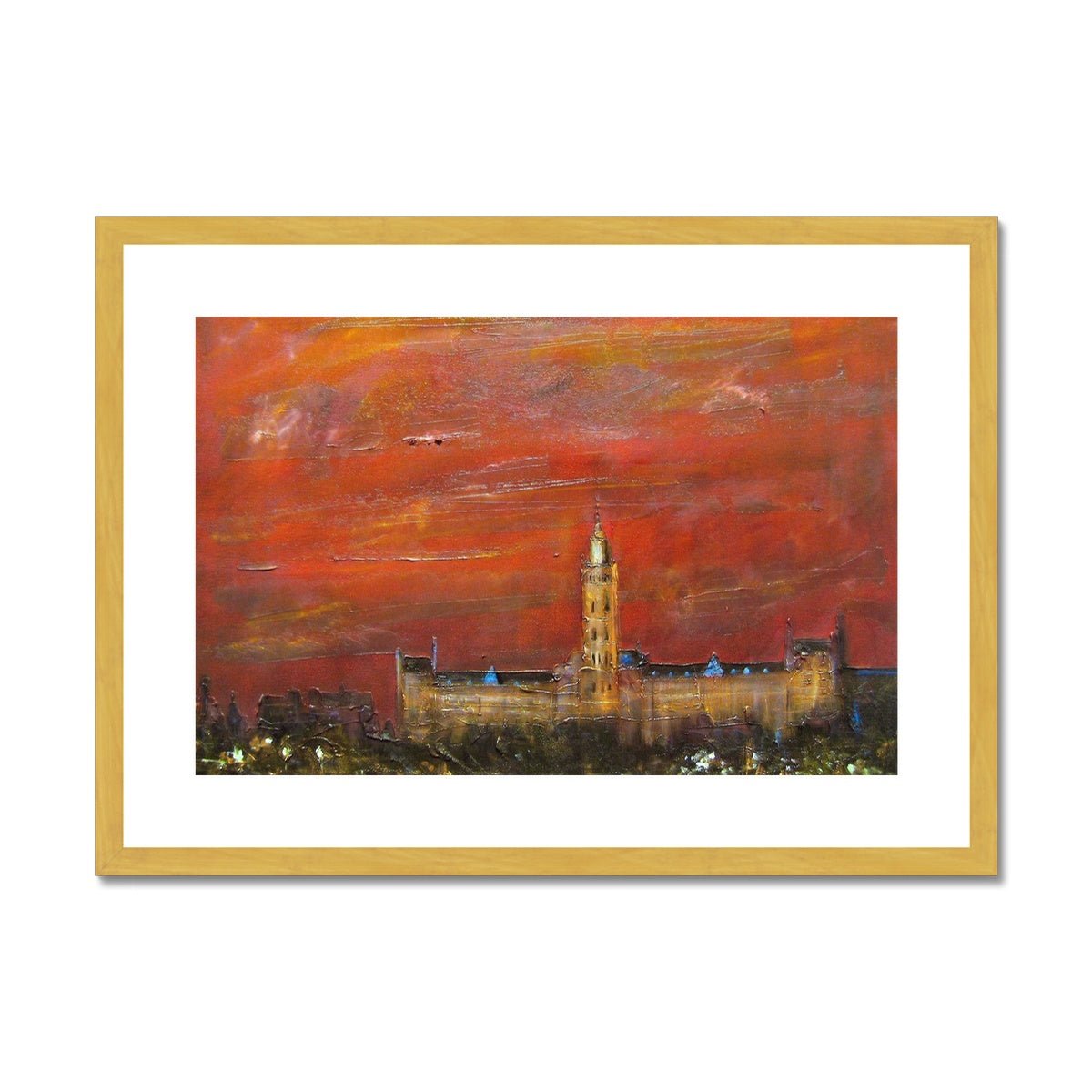 Glasgow University Dusk Painting | Antique Framed & Mounted Prints From Scotland-Antique Framed & Mounted Prints-Edinburgh & Glasgow Art Gallery-A2 Landscape-Gold Frame-Paintings, Prints, Homeware, Art Gifts From Scotland By Scottish Artist Kevin Hunter