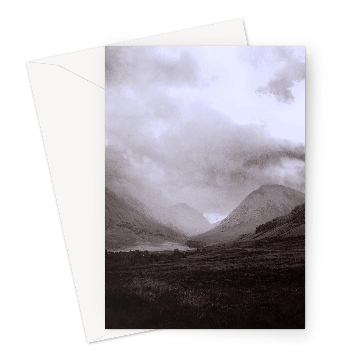 Glencoe Mist Art Gifts Greeting Card-Greetings Cards-Glencoe Art Gallery-A5 Portrait-1 Card-Paintings, Prints, Homeware, Art Gifts From Scotland By Scottish Artist Kevin Hunter