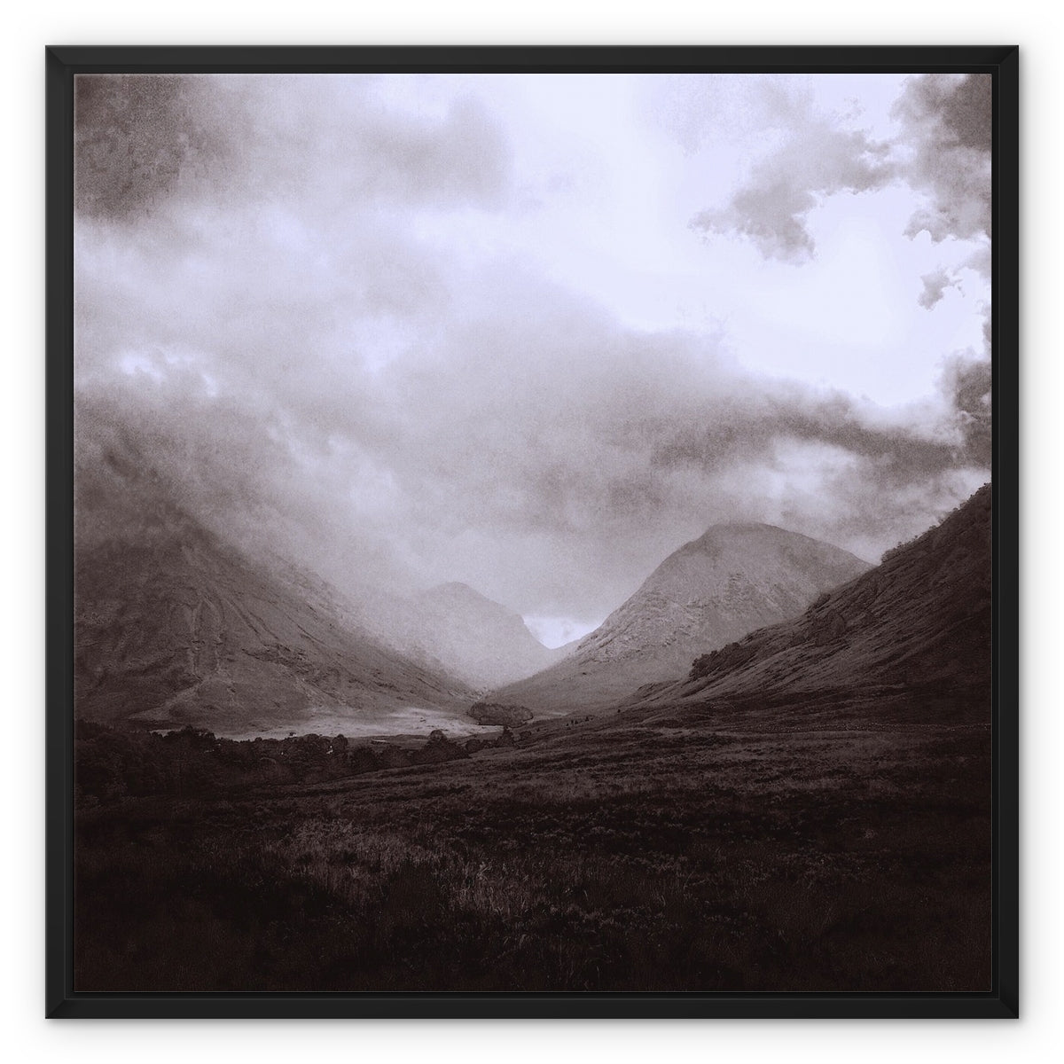Glencoe Mist Painting | Framed Canvas From Scotland-Floating Framed Canvas Prints-Glencoe Art Gallery-24"x24"-Black Frame-Paintings, Prints, Homeware, Art Gifts From Scotland By Scottish Artist Kevin Hunter