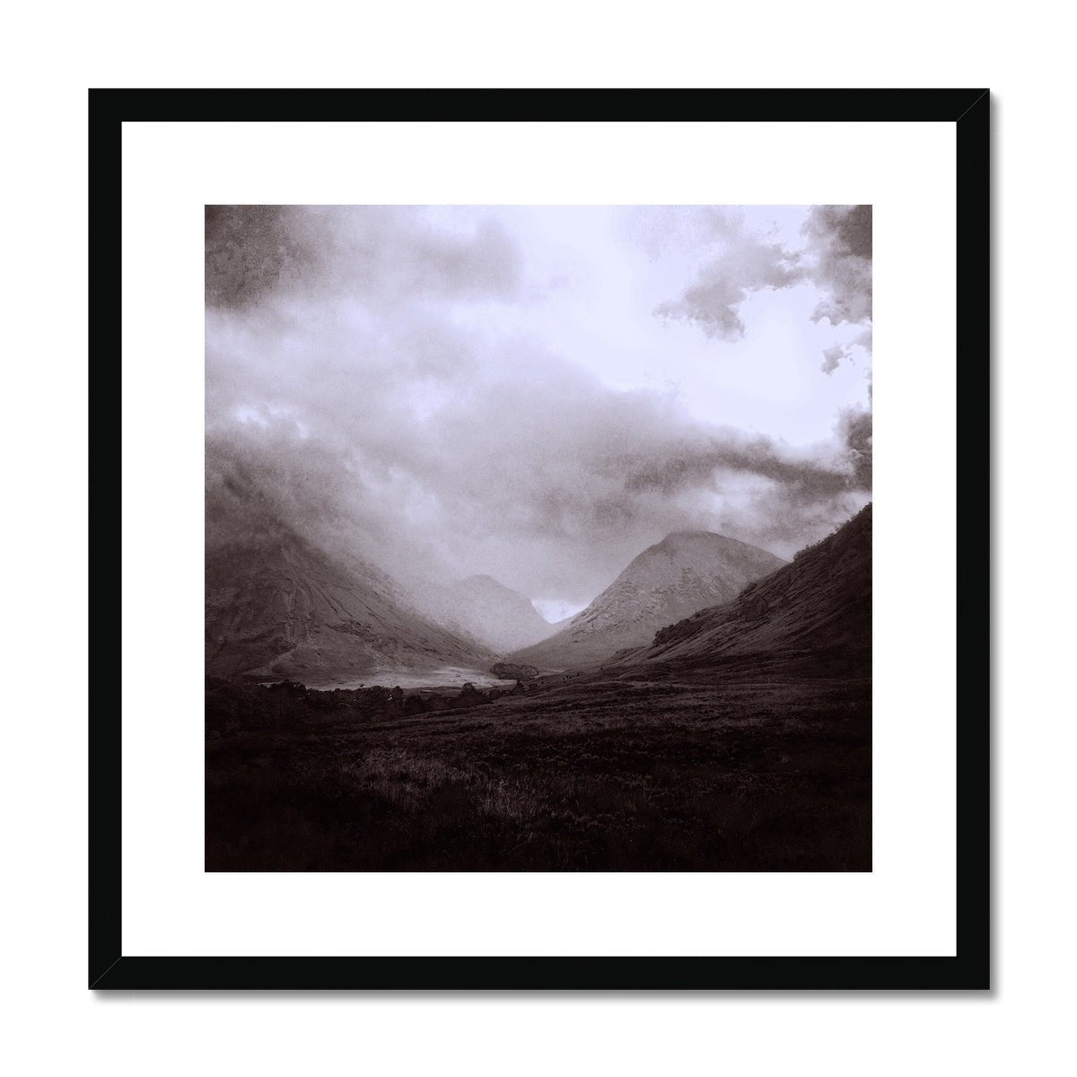 Glencoe Mist Painting | Framed & Mounted Prints From Scotland-Framed & Mounted Prints-Glencoe Art Gallery-20"x20"-Black Frame-Paintings, Prints, Homeware, Art Gifts From Scotland By Scottish Artist Kevin Hunter