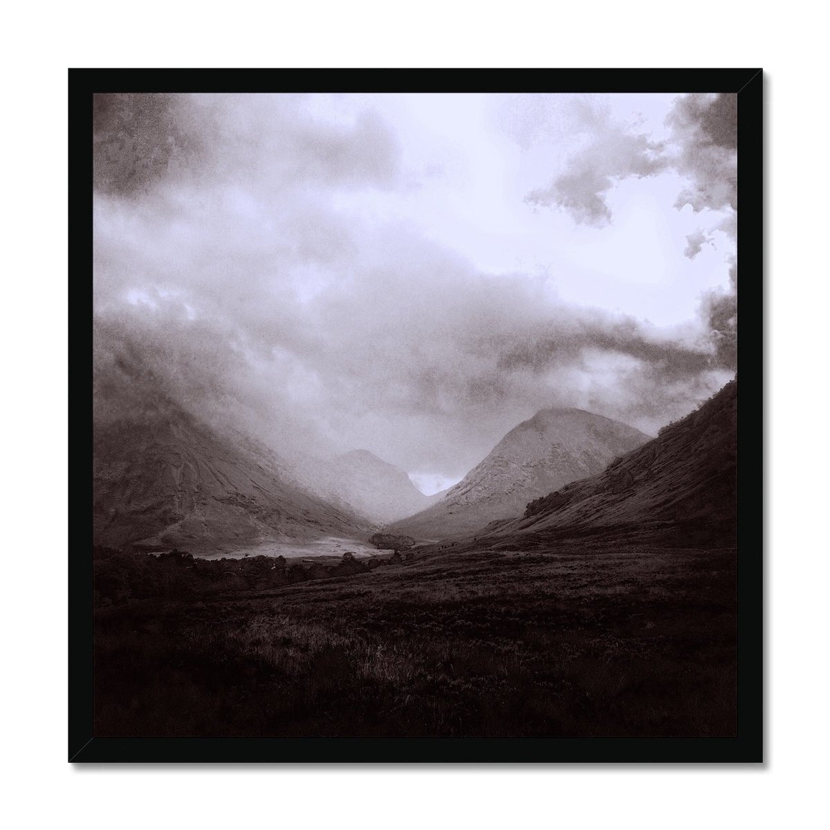 Glencoe Mist Painting | Framed Prints From Scotland-Framed Prints-Glencoe Art Gallery-20"x20"-Black Frame-Paintings, Prints, Homeware, Art Gifts From Scotland By Scottish Artist Kevin Hunter