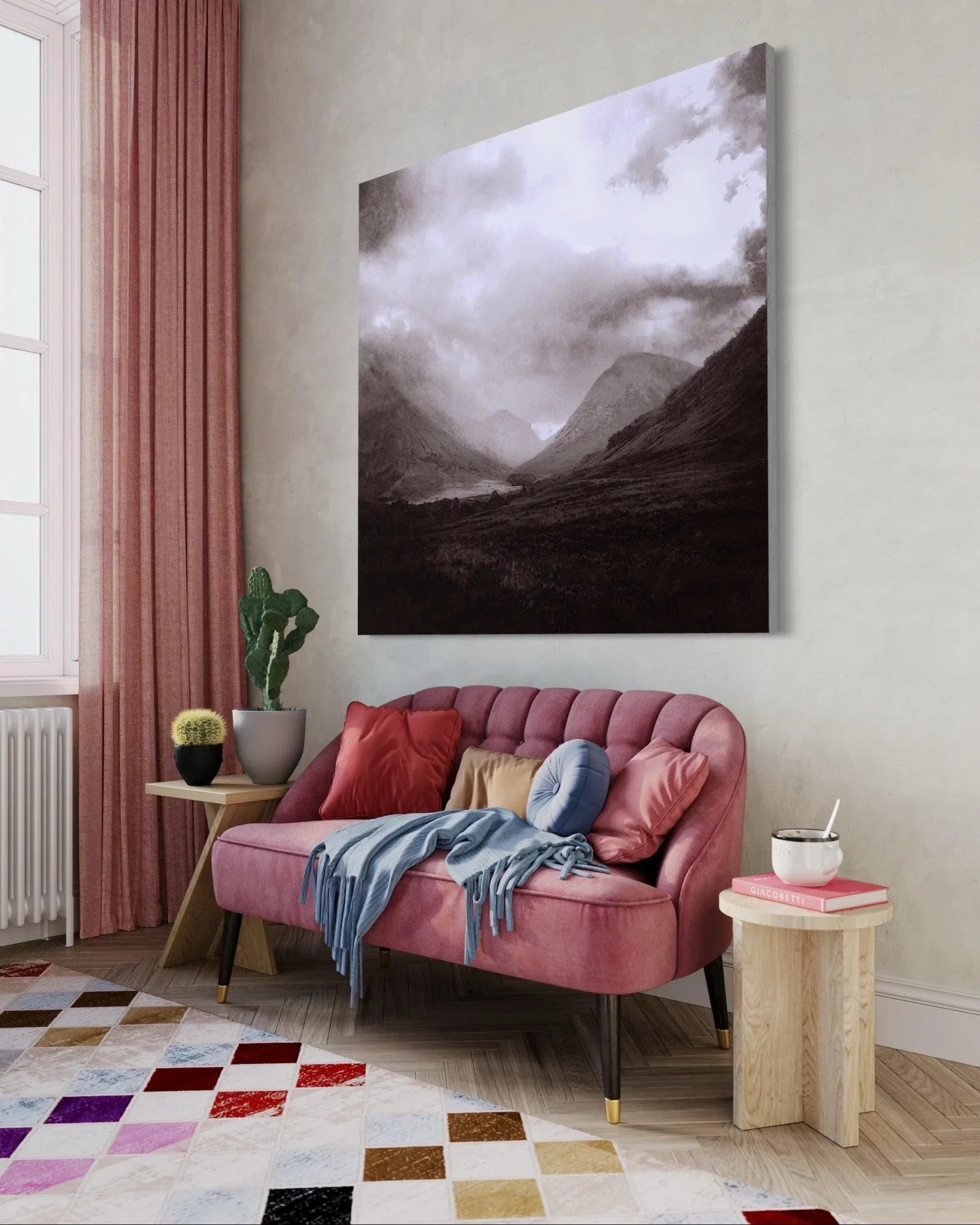 Glencoe Mist | Statement Interior Wall Art from Scotland - Gallery Worldwide Shipping Pink Velvet Tufted Paintings | Prints | Gifts