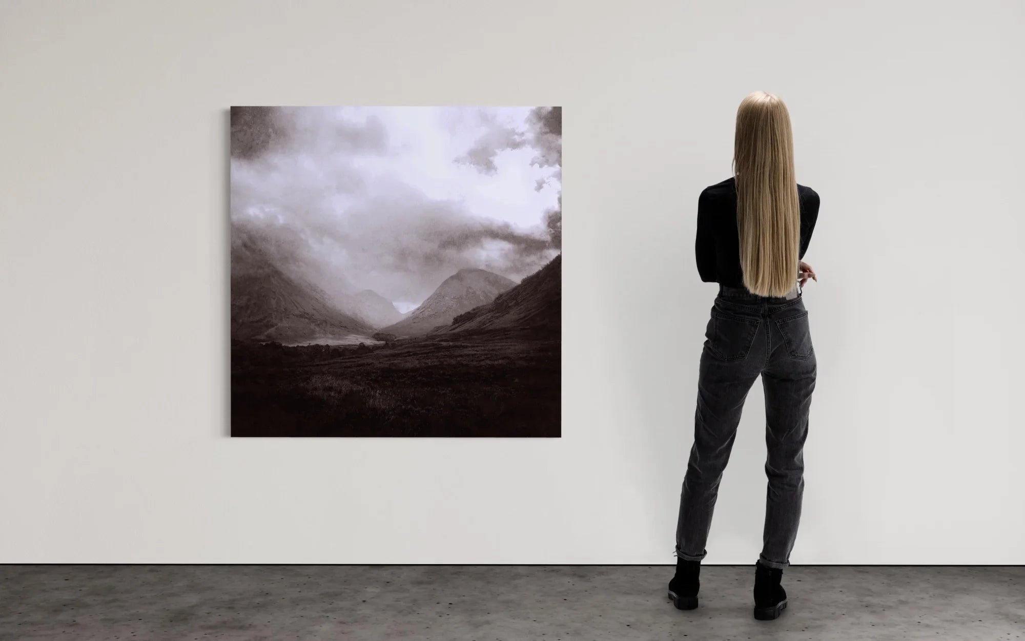 Glencoe Mist | Statement Interior Wall Art from Scotland - Gallery Worldwide Shipping Woman Long Blonde Scottish Prints and Landscape
