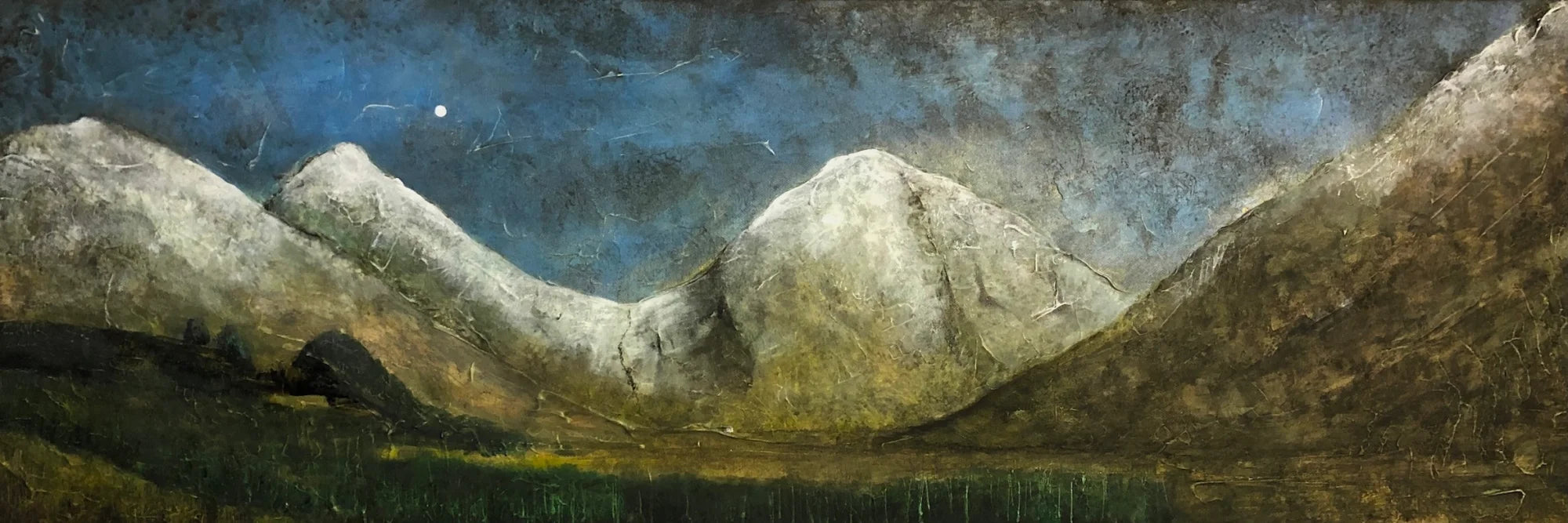 Glencoe Moonlit Snow Original Panoramic Painting on Canvas - Art Gallery Scotland Worldwide Shipping Paintings and Prints by Artist Hunter