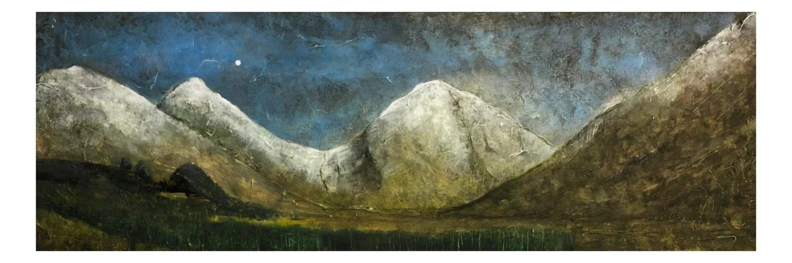 Glencoe Moonlit Snow Panoramic Prints - Art Gallery Scotland Worldwide Shipping Mountainous Landscape Painting Paintings and by Artist