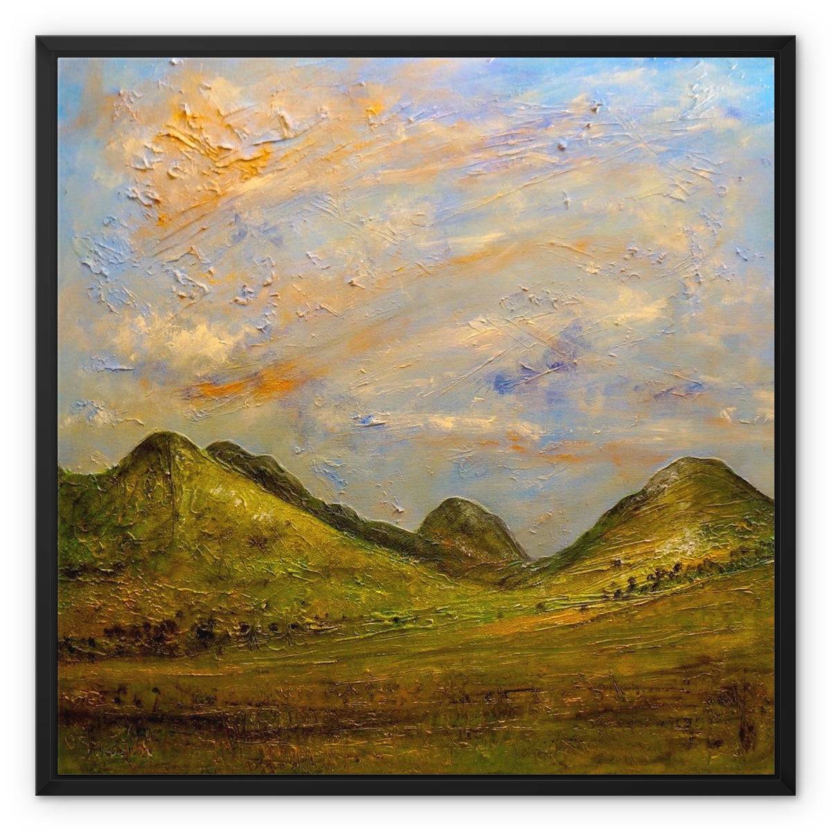 Glencoe Summer Painting | Framed Canvas From Scotland-Floating Framed Canvas Prints-Glencoe Art Gallery-24"x24"-Black Frame-Paintings, Prints, Homeware, Art Gifts From Scotland By Scottish Artist Kevin Hunter