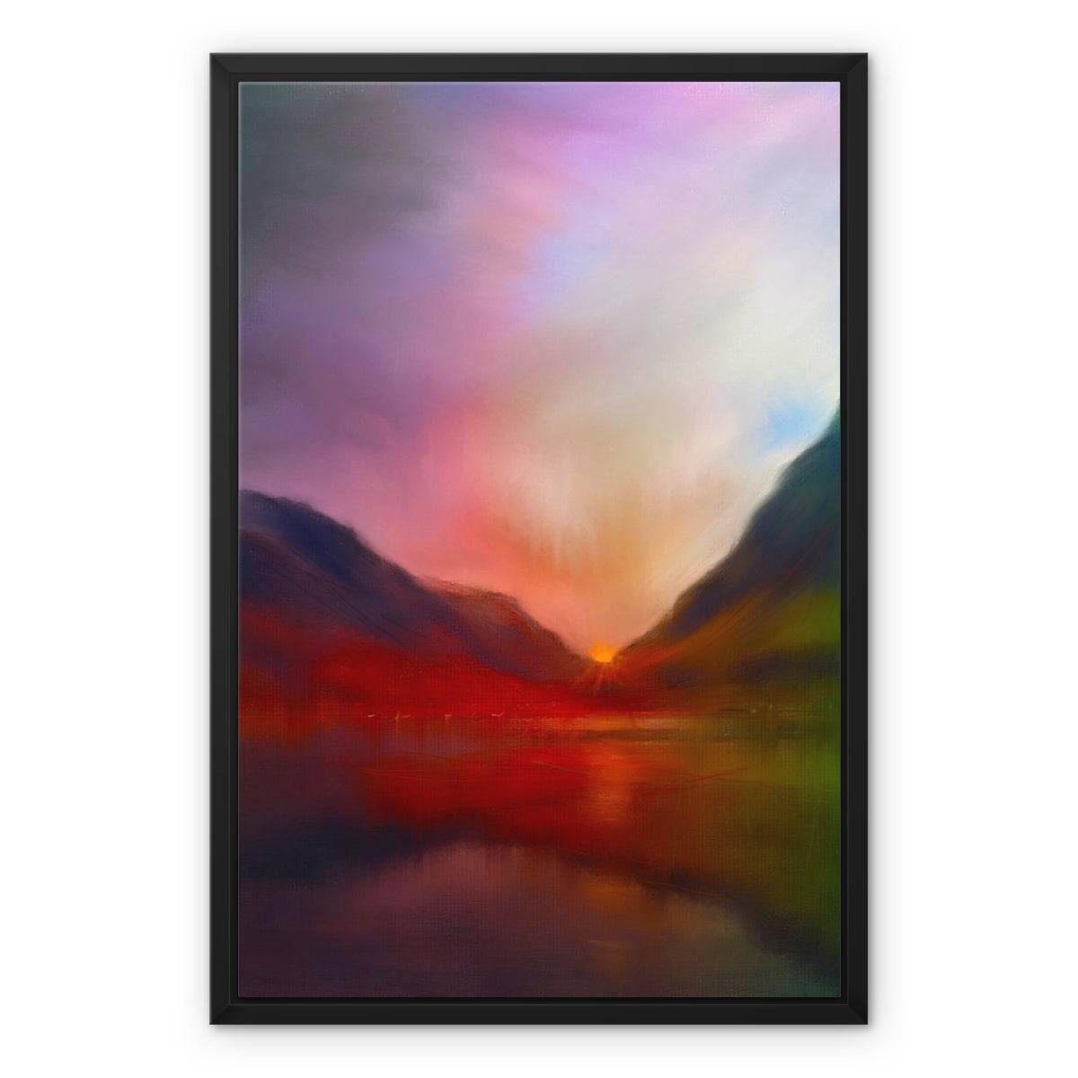 Glencoe Sunset Painting | Framed Canvas From Scotland-Floating Framed Canvas Prints-Glencoe Art Gallery-18"x24"-Black Frame-Paintings, Prints, Homeware, Art Gifts From Scotland By Scottish Artist Kevin Hunter
