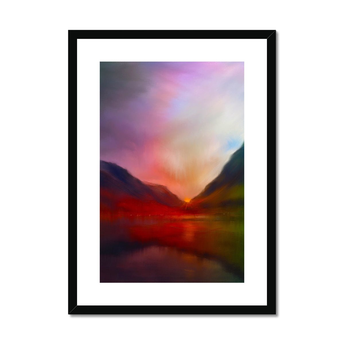 Glencoe Sunset Painting | Framed & Mounted Prints From Scotland-Framed & Mounted Prints-Glencoe Art Gallery-A2 Portrait-Black Frame-Paintings, Prints, Homeware, Art Gifts From Scotland By Scottish Artist Kevin Hunter
