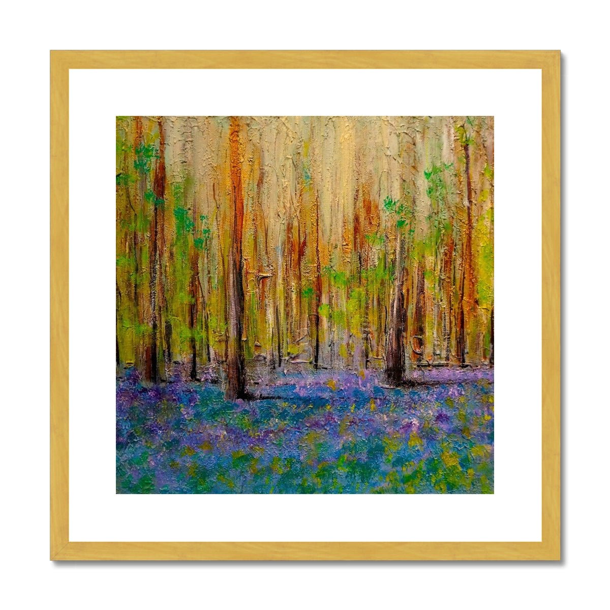 Highland Bluebells Painting | Antique Framed & Mounted Prints From Scotland-Antique Framed & Mounted Prints-Scottish Highlands & Lowlands Art Gallery-20"x20"-Gold Frame-Paintings, Prints, Homeware, Art Gifts From Scotland By Scottish Artist Kevin Hunter