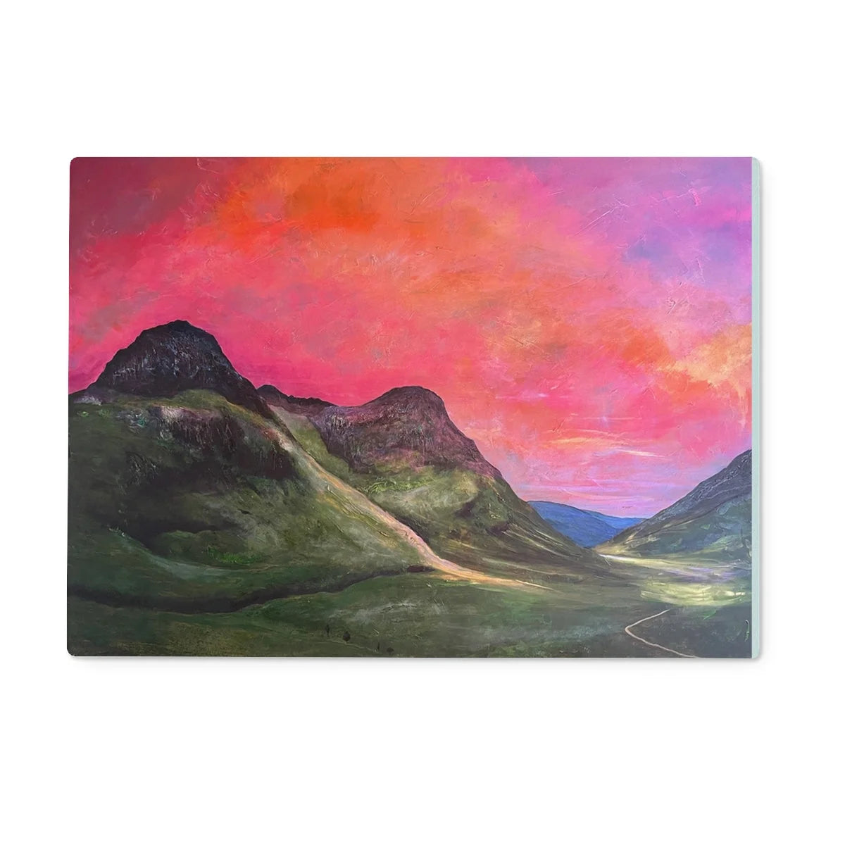 Into the Glencoe Dusk Glass Chopping Board - Art Gallery Scotland Worldwide Shipping Scottish Prints and Landscape Paintings by Artist