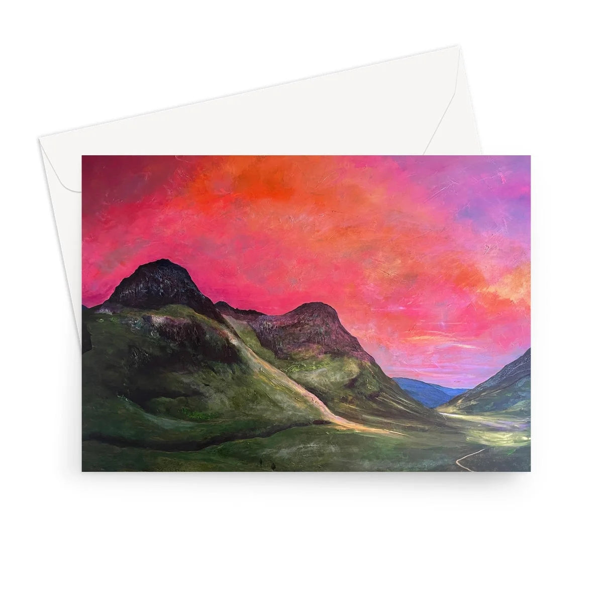 Into the Glencoe Dusk Greeting Card - Art Gallery Scotland Worldwide Shipping Paintings | Prints | Gifts