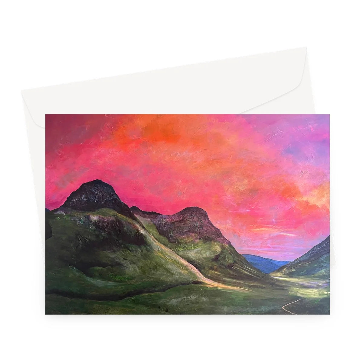 Into the Glencoe Dusk Greeting Card - Art Gallery Scotland Worldwide Shipping Paintings | Prints | Gifts