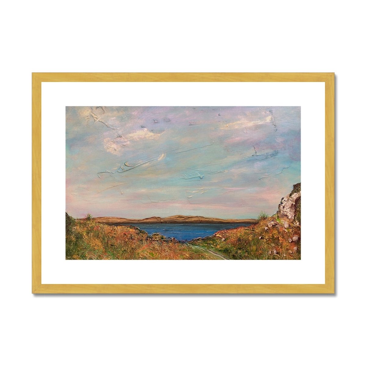 Jura From Crinan Painting | Antique Framed & Mounted Prints From Scotland-Antique Framed & Mounted Prints-Hebridean Islands Art Gallery-A2 Landscape-Gold Frame-Paintings, Prints, Homeware, Art Gifts From Scotland By Scottish Artist Kevin Hunter