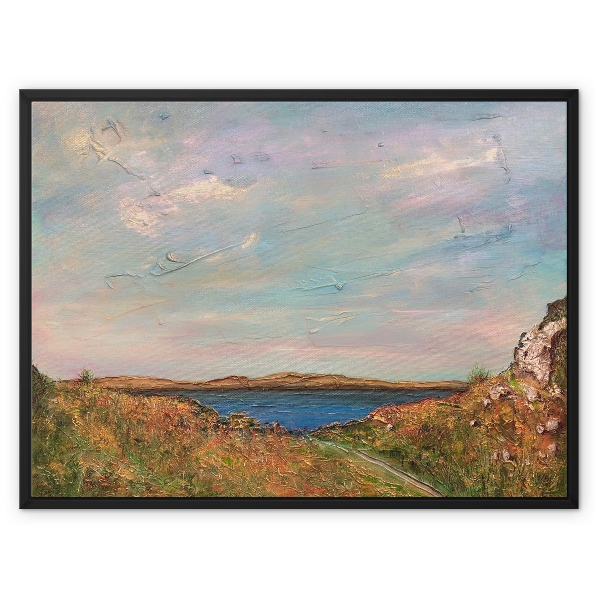 Jura From Crinan Painting | Framed Canvas From Scotland-Floating Framed Canvas Prints-Hebridean Islands Art Gallery-32"x24"-Black Frame-Paintings, Prints, Homeware, Art Gifts From Scotland By Scottish Artist Kevin Hunter