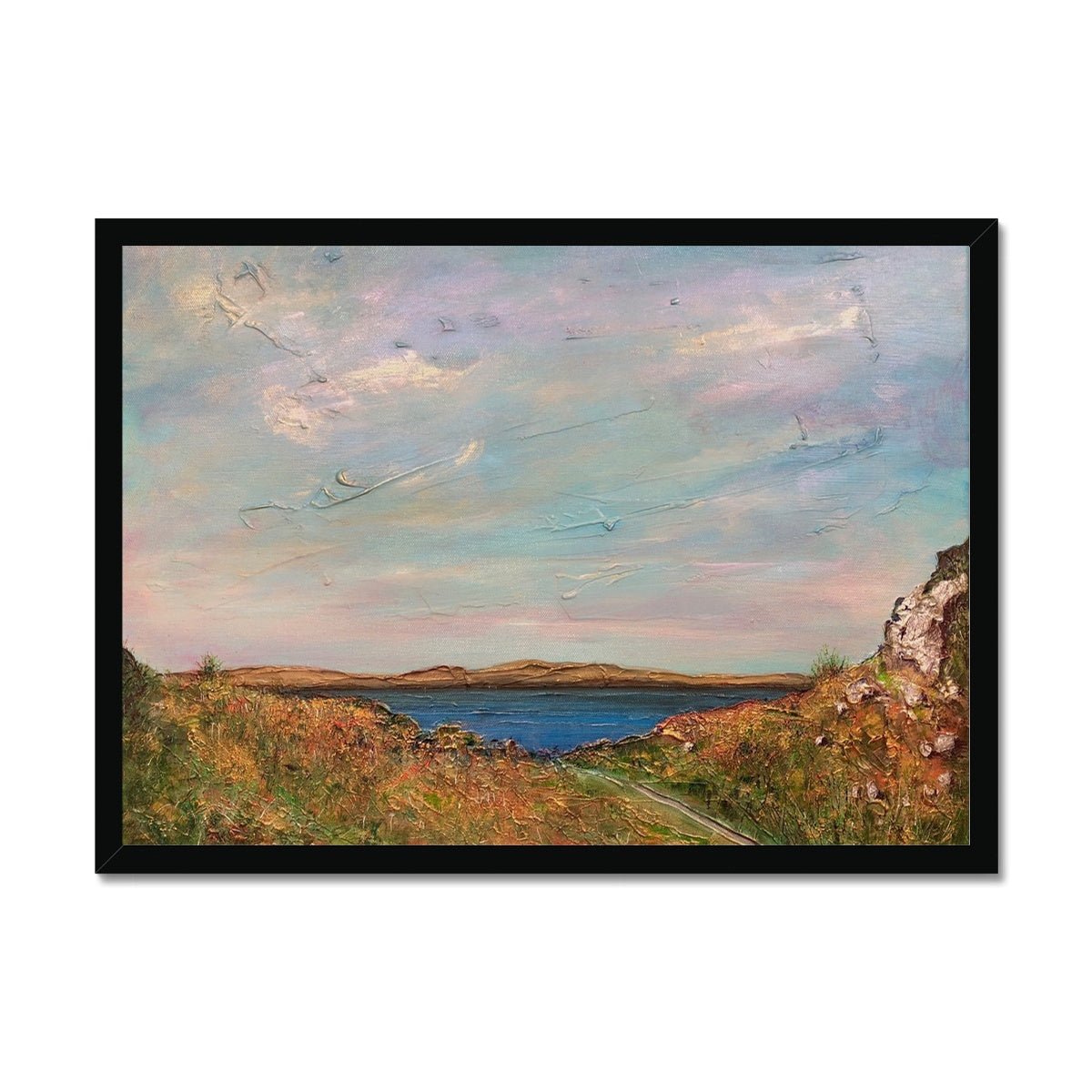Jura From Crinan Painting | Framed Prints From Scotland-Framed Prints-Hebridean Islands Art Gallery-A2 Landscape-Black Frame-Paintings, Prints, Homeware, Art Gifts From Scotland By Scottish Artist Kevin Hunter