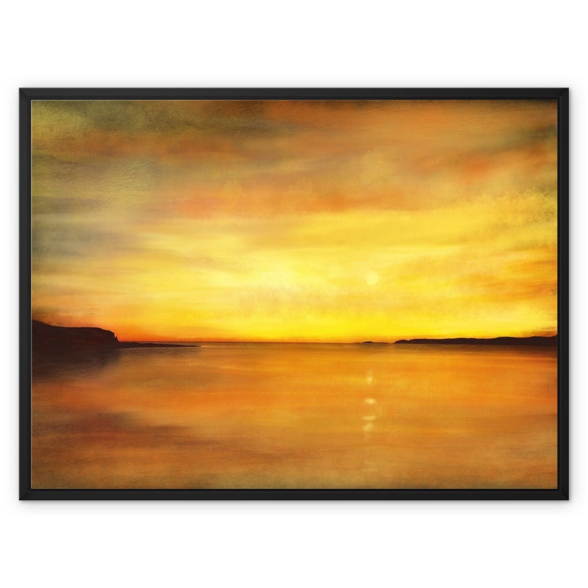 King's Cave Sunset Arran Painting | Framed Canvas From Scotland-Floating Framed Canvas Prints-Arran Art Gallery-32"x24"-Black Frame-Paintings, Prints, Homeware, Art Gifts From Scotland By Scottish Artist Kevin Hunter