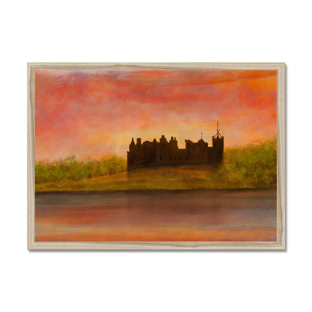 Linlithgow Palace Dusk Painting | Framed Prints From Scotland-Framed Prints-Historic & Iconic Scotland Art Gallery-A2 Landscape-Natural Frame-Paintings, Prints, Homeware, Art Gifts From Scotland By Scottish Artist Kevin Hunter