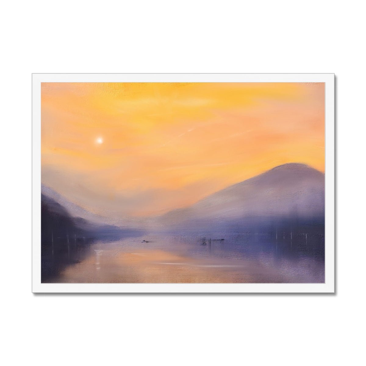 Loch Eck Dusk Painting | Framed Prints From Scotland-Framed Prints-Scottish Lochs & Mountains Art Gallery-A2 Landscape-White Frame-Paintings, Prints, Homeware, Art Gifts From Scotland By Scottish Artist Kevin Hunter